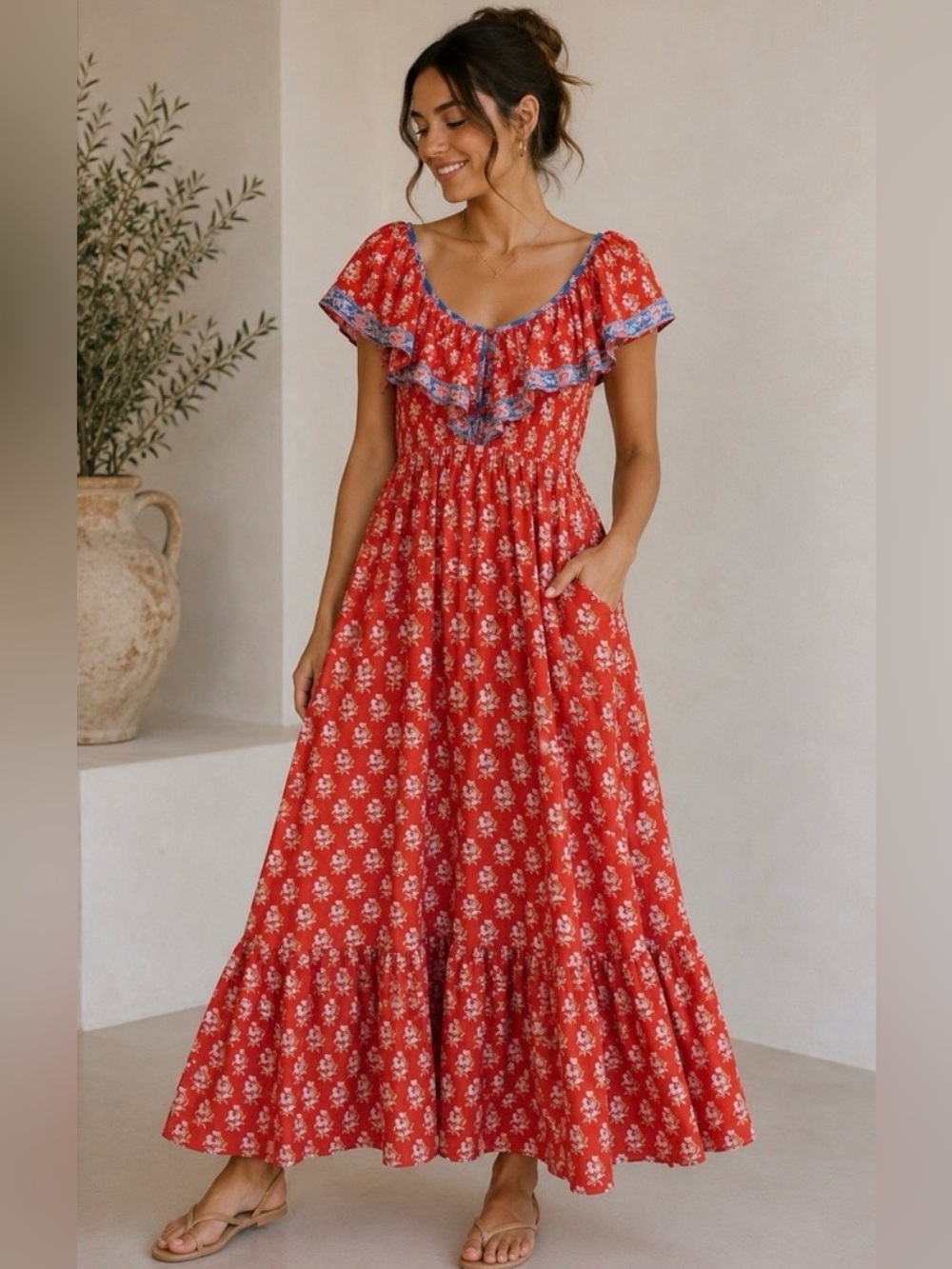 J. Crew Red and Blue Floral Maxi Dress